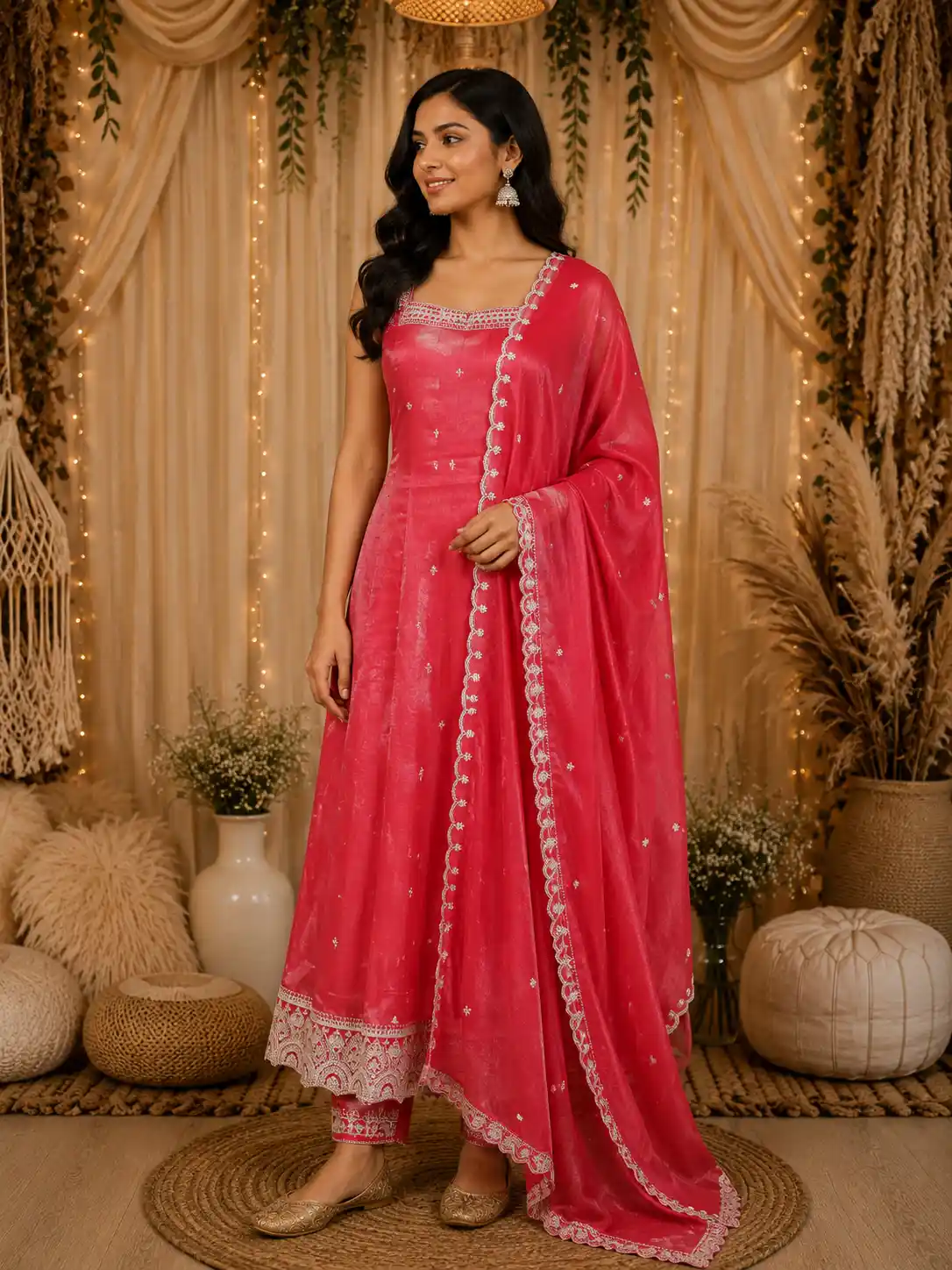 Queen Pink Floral Zari Embroidered Design Organza Anarkali Salwar Suit with Dupatta